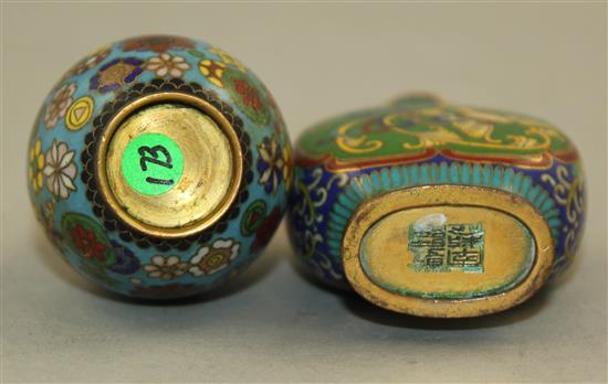 Two Chinese cloisonne enamel snuff bottles and stoppers, 1880-1940, Richards no.s 173 and 385